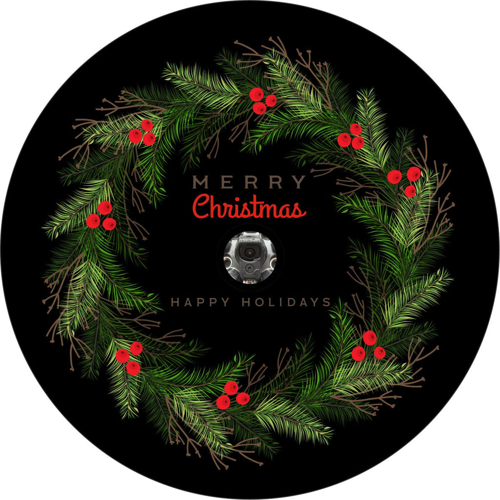 Merry Christmas holiday wreath cute spare tire cover design on black vinyl with a camera hole space for a back up camera.