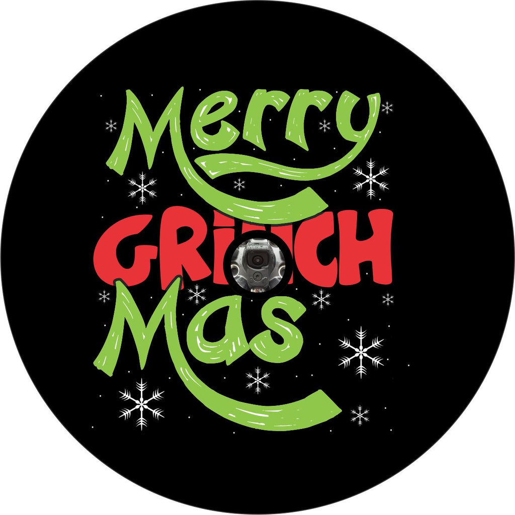Merry Grinch Mas in red and green on a black vinyl spare tire cover design for Christmas. Cute designed spare tire cover for the holidays. Design crafted to accommodate back up cameras on spare tires