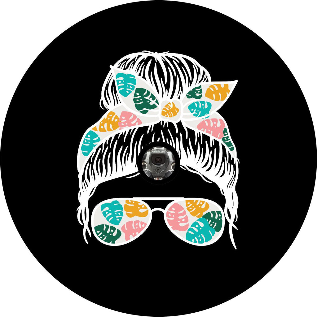 Tropical Girl with topknot bun and sunglasses spare tire cover for Jeep, Bronco, RV, camper, and more. Design can accommodate Jeep tire cover with camera hole