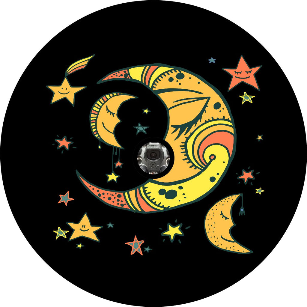 Cartoon designed graphics of sleeping moons and smiling stars prototype for a Jeep spare tire cover with a back up camera