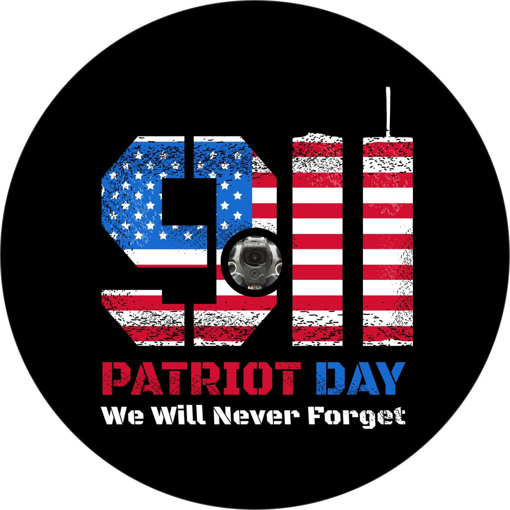 Spare tire cover design with 9/11 in big bold block letters that look like the American flag and the 11 of the 9/11 as the world trade center twin towers. Plus the words Patriot Day We Will Never Forget and a space for a back up camera