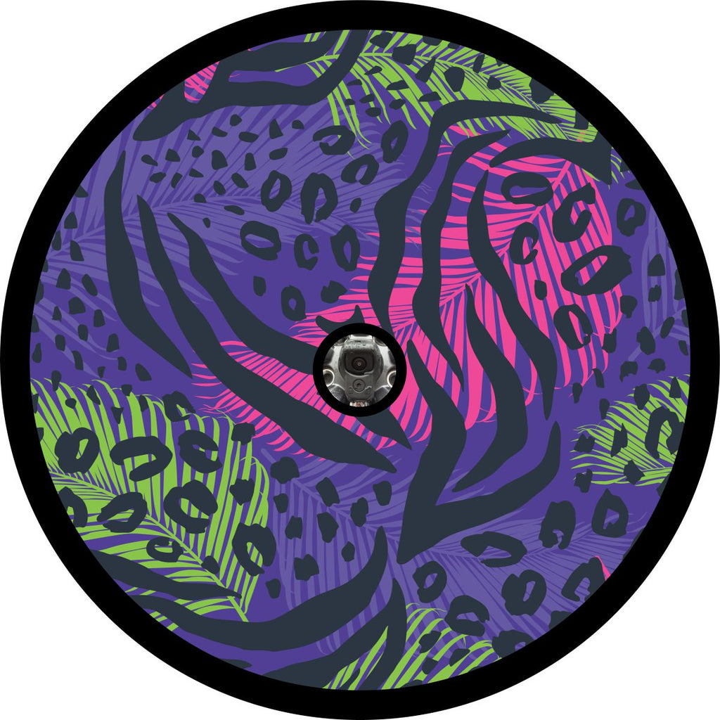 Purple, pink, and green neon colors make up this cheetah leopard and palm frond fun and funky spare tire cover design. This spare tire cover is for a back up camera design.