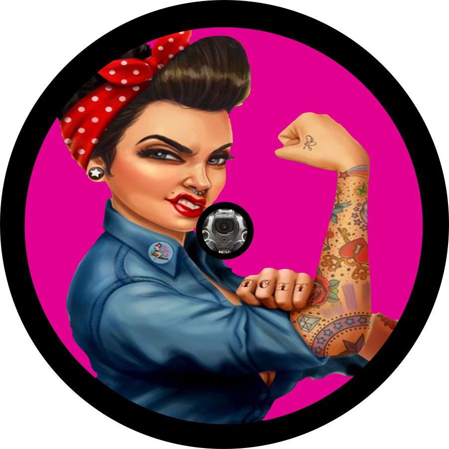Tuscadero pink background fierce tattooed Rosie the Riveter spare tire cover custom made to order for any size vehicle including spare tire cover for Jeep, camper, Bronco, RV, FJ Cruiser, trailers, and more. Jeep spare tire cover design for camera hole