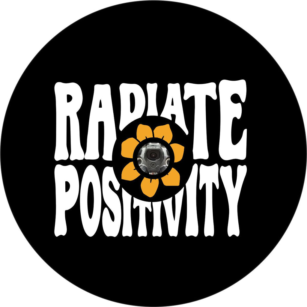 Radiate positivity with a smiling flower in the center designed for a Jeep spare tire cover and can accommodate Jeep tire cover with camera hole.
