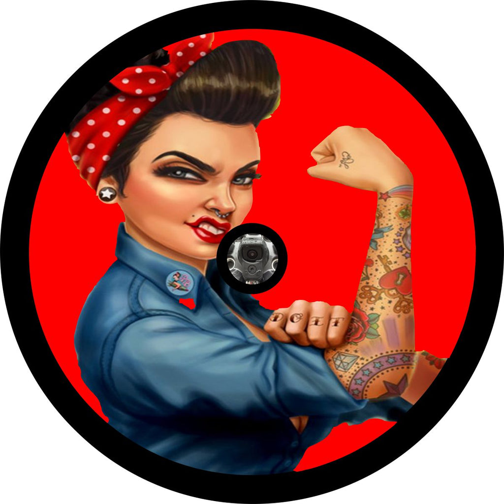 Red background fierce tattooed Rosie the Riveter spare tire cover custom made to order for any size vehicle including spare tire cover for Jeep, camper, Bronco, RV, FJ Cruiser, trailers, and more. Jeep spare tire cover design for camera hole