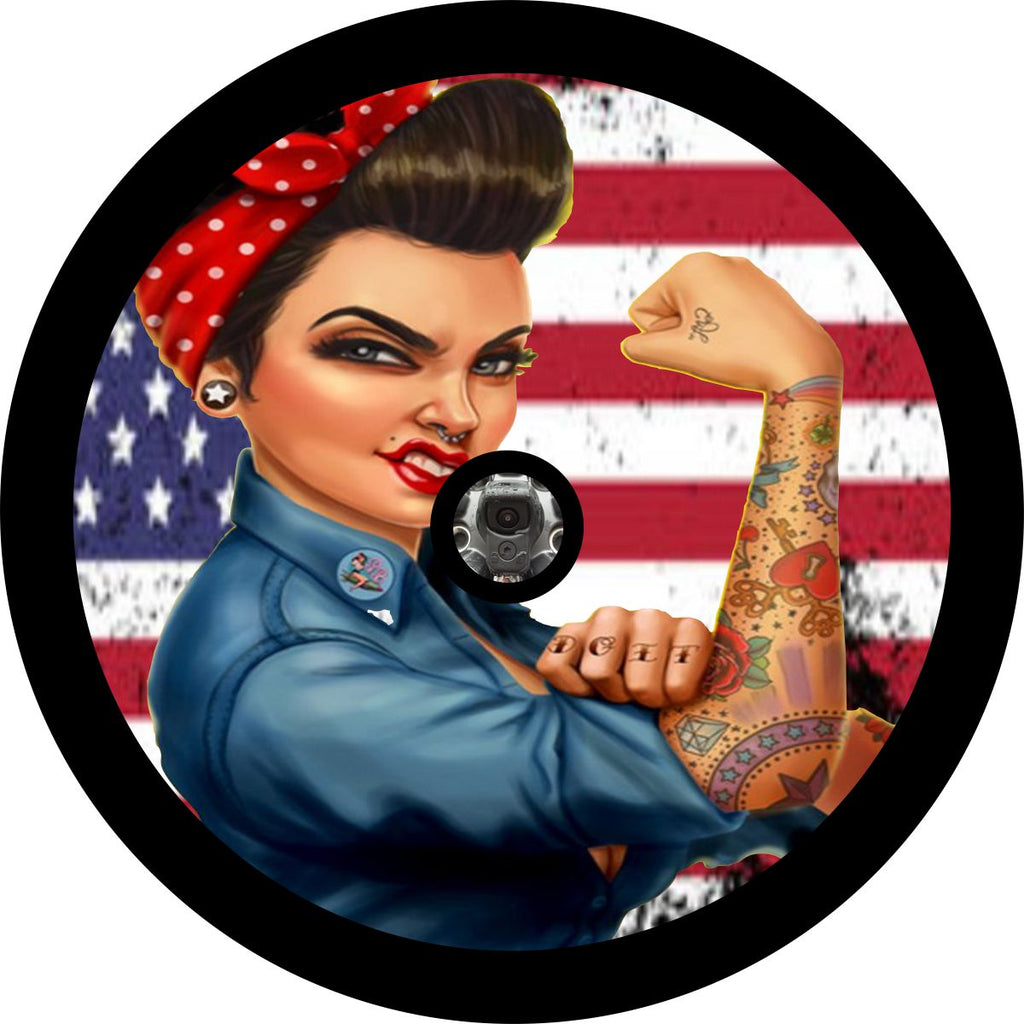 Fierce and feminine tattooed Rosie the Riveter spare tire cover with distressed American flag background. Design made to fit Jeep spare tire cover with camera hole