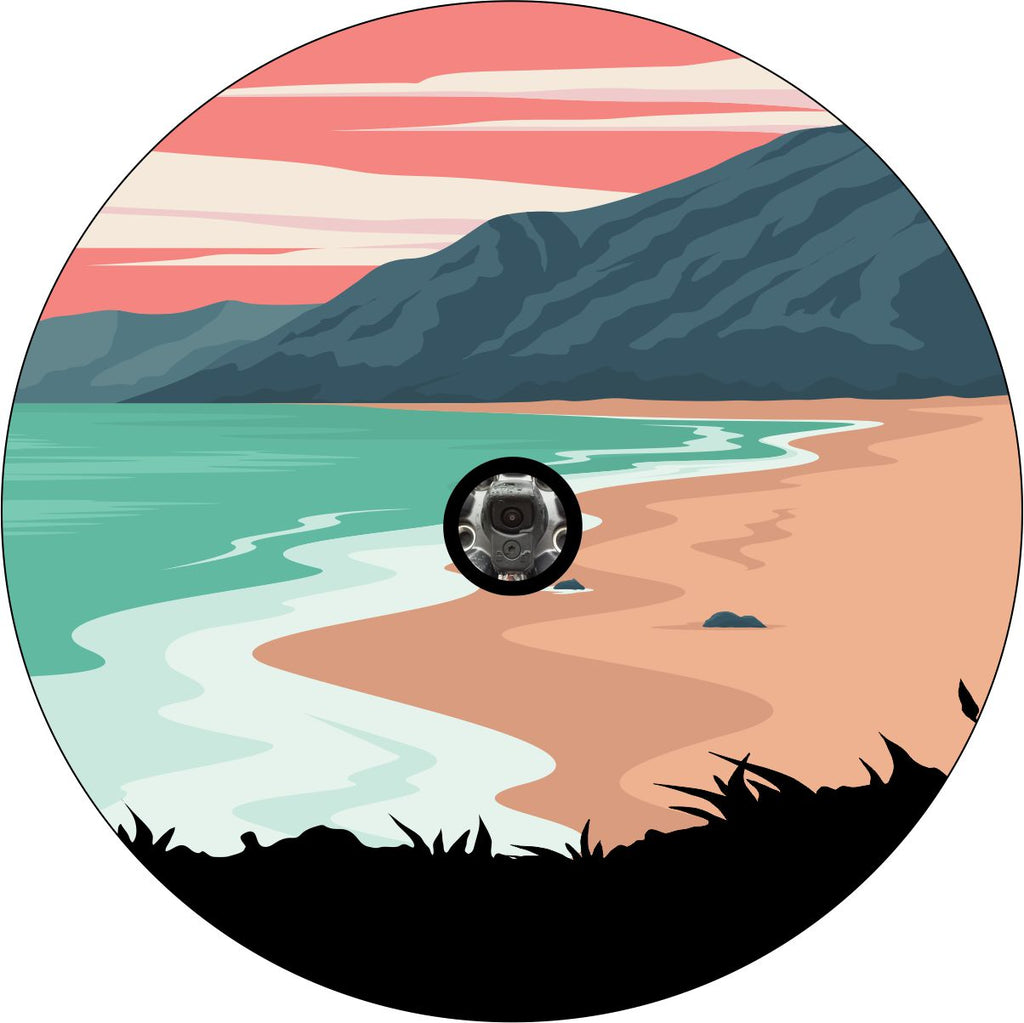 Beautiful pastel colored coastal scene spare tire cover. Where the mountains meet the sea somewhere on a beach spare tire cover with back up camera hole.