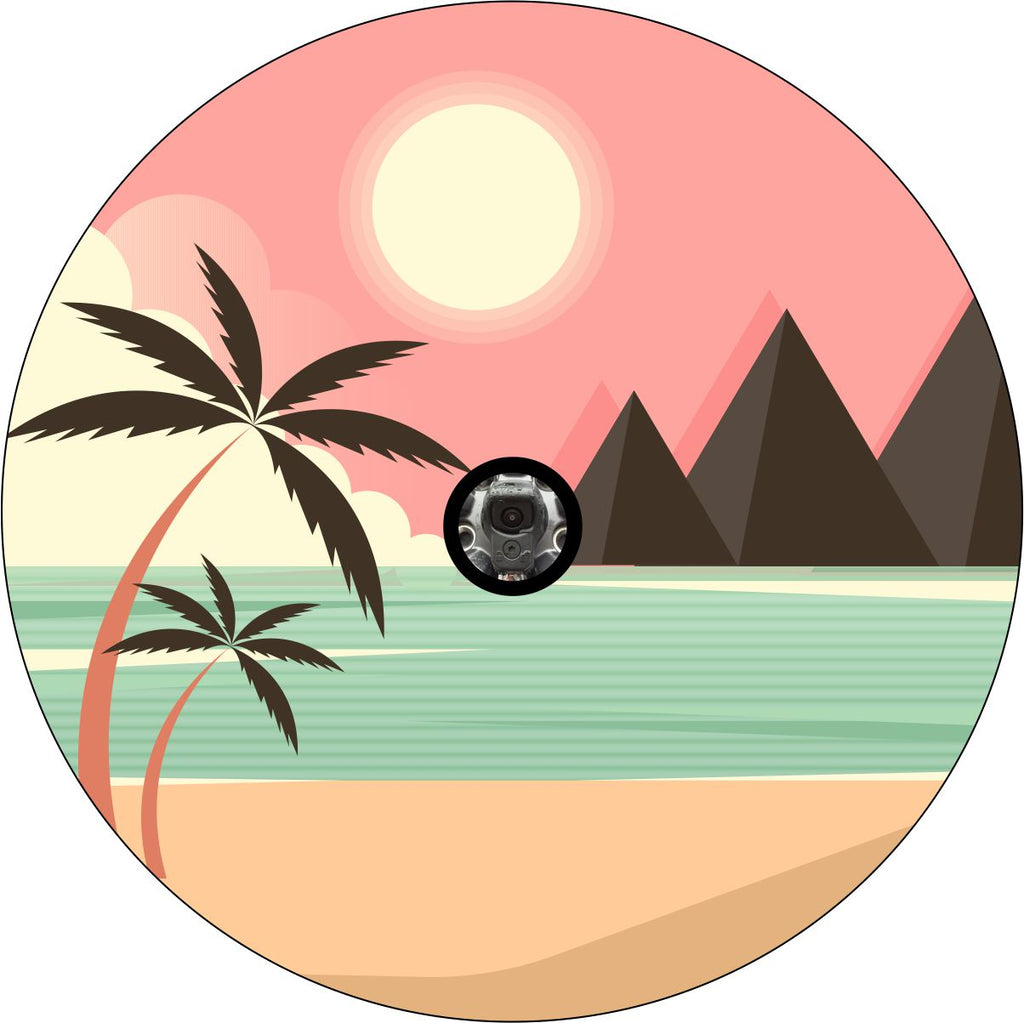Light pastel colored tropical beach scene where the mountains meet the sea spare tire cover for Jeep, RV, Bronco, Camper, and more plus camera hole for back up camera.