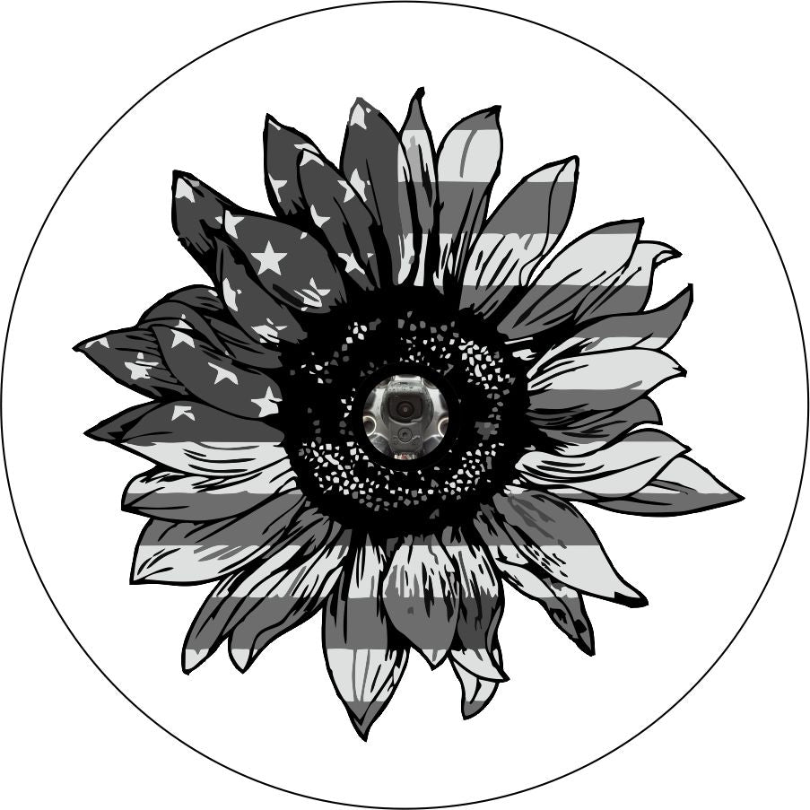 Sunflower American Flag Spare Tire Cover design for any vehicle, make, model, and size . Including Jeep Wranglers, RV, Travel Trailer, Camper, and more on white vinyl with JL back up camera
