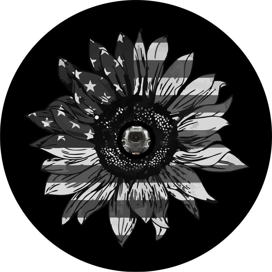 Sunflower American Flag Spare Tire Cover design for any vehicle, make, model, and size . Including Jeep Wranglers, RV, Travel Trailer, Camper, and more! 