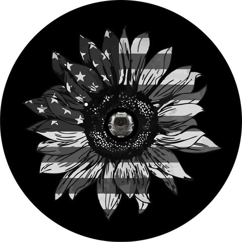 Gray Sunflower American Flag Spare Tire Cover for Jeep, RV, Bronco, & More