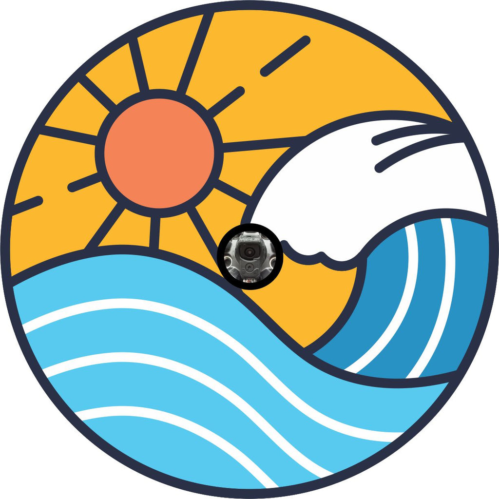 Simple shapes and straight line sunshine and waves beach spare tire cover with a camera hole for a back up camera