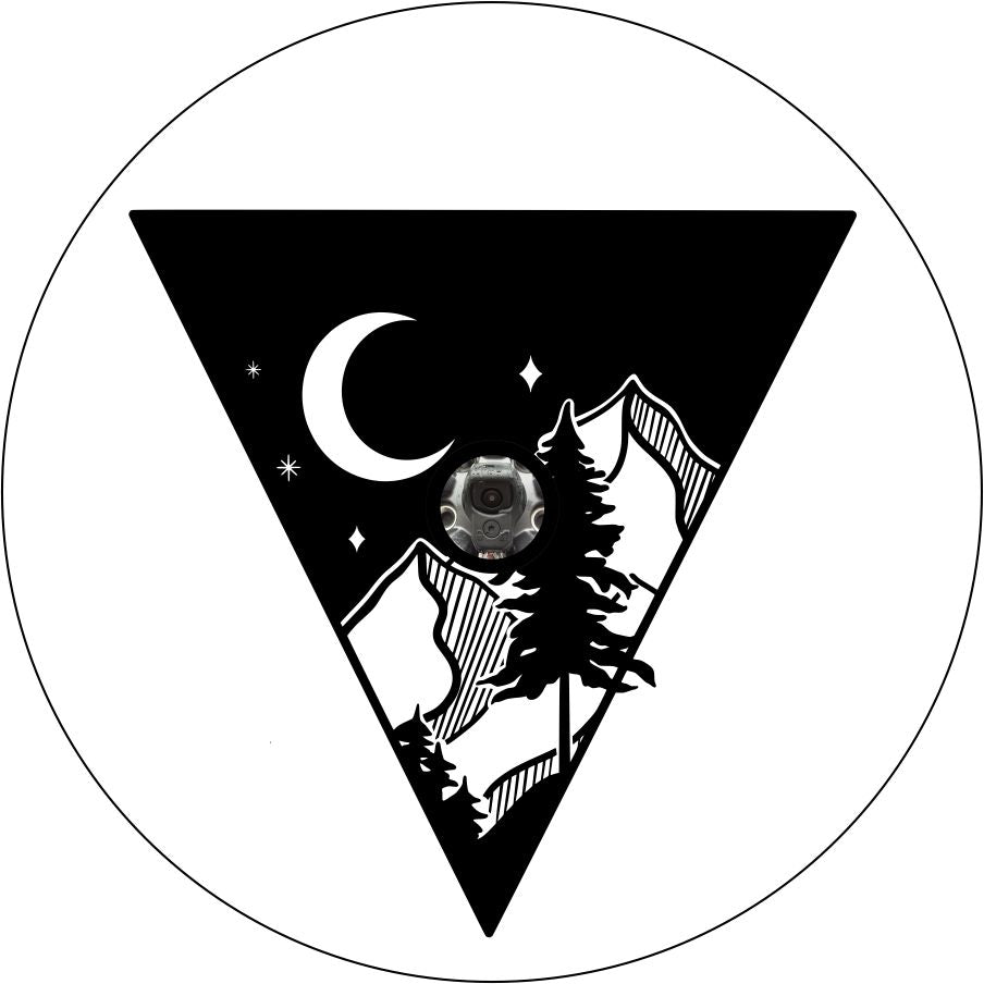 An upside down triangle with a graphic of a mountain peek the moon and a tree for a white vinyl spare tire cover for Jeep, Bronco, etc.  design is made for a spare tire cover in need of a back up camera