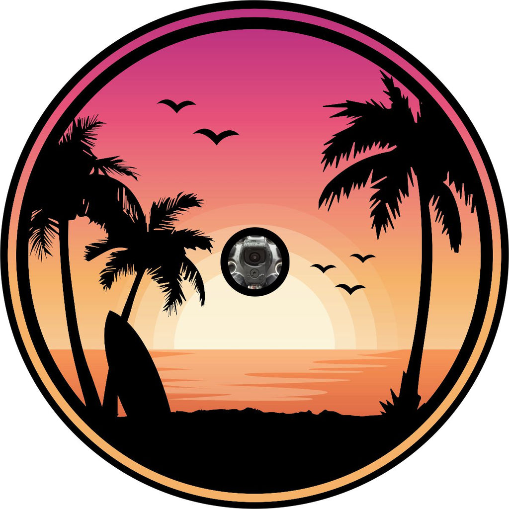 Sunset sky over a tropical paradise beautiful spare tire cover for vinyl. Palm tree silhouettes, surfboard, and the sun's colors on the sky and water. This spare tire cover design is created with a cameral hole space for a back up camera.