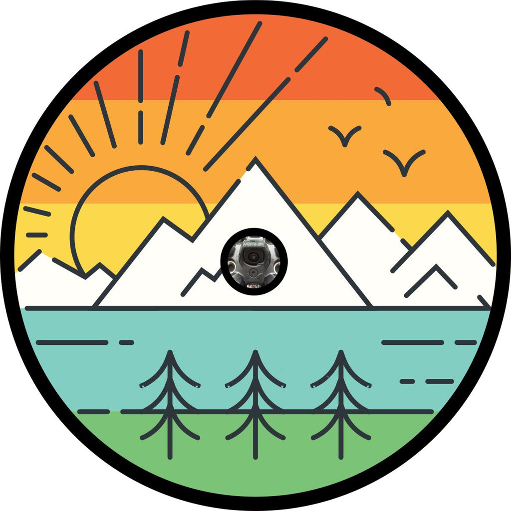 Landscape mountain tire cover design with thin lined graphics to create a cute and whimsical retro design. This design can accommodate a Jeep tire cover with camera hole.