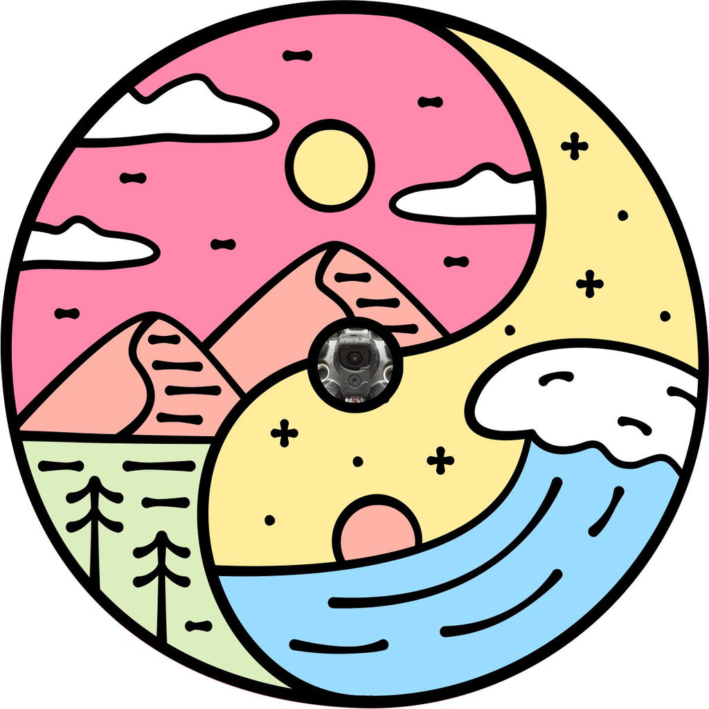 Vector style graphic design of a unique spare tire cover with a yin yang concept of the sunrise and sunset from the mountains to the coast. Creative spare tire cover with a camera hole design.