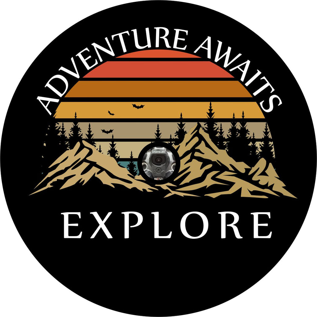 Black vinyl unique tire cover  design. Adventure awaits and explore written around mountains and layered striped lines to mimic that beautiful colors of the sky. Tire cover for backup camera.
