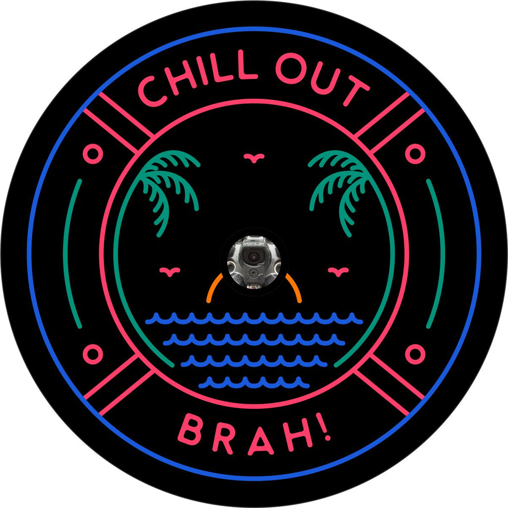 Black vinyl spare tire cover with neon thin line beach tropical design and the saying chill out brah made with a camera hole for backup cameras