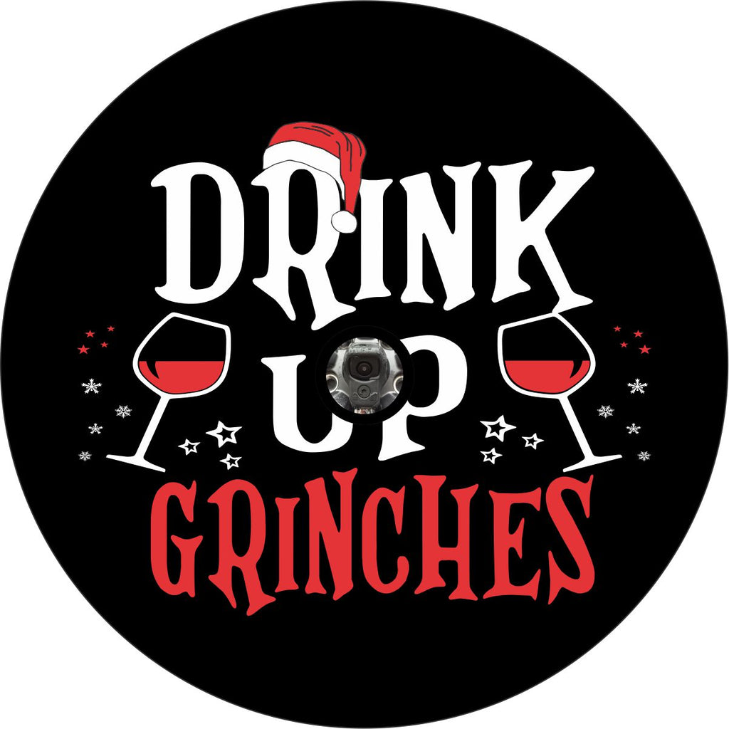 Holiday Christmas spare tire cover design. Drink up grinches, wine glasses clinking and a Santa hat spare tire cover. Design made to order to fit a spare tire cover with a back up camera. 