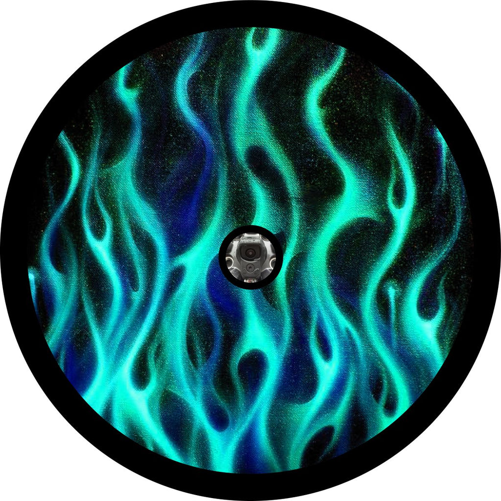Flames spare tire cover for Bikini blue pearl Jeep Wranglers and other vehicles including RV, Broncos, Campers, and more - design created with a JL backup camera