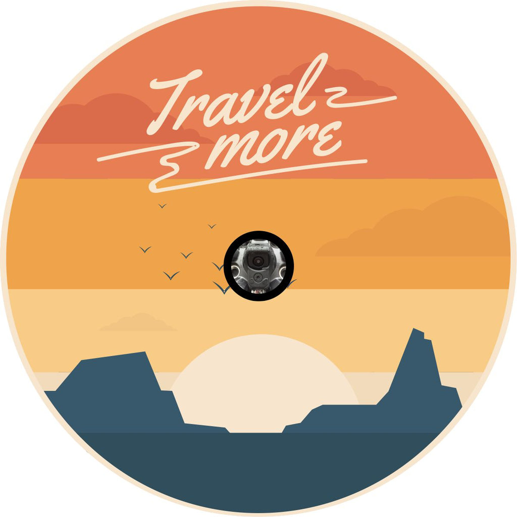 Sunset ombre style background, vintage style desert landscape spare tire cover design for vinyl spare tire cover with the words travel more. Designed with a camera whole to fit a spare tire with a back up camera