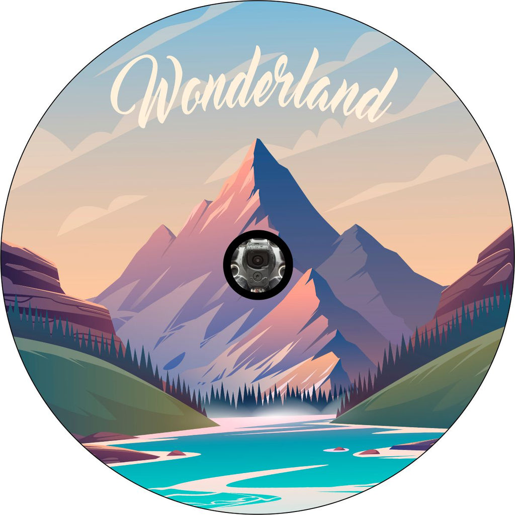 Picturesque towering mountain landscape, mountain peak towering above a river creative vinyl spare tire cover design custom made to order to fit any vehicle make and model including Jeep, RV, camper, Bronco, trailers, and more with camera hole space for a back up camera.