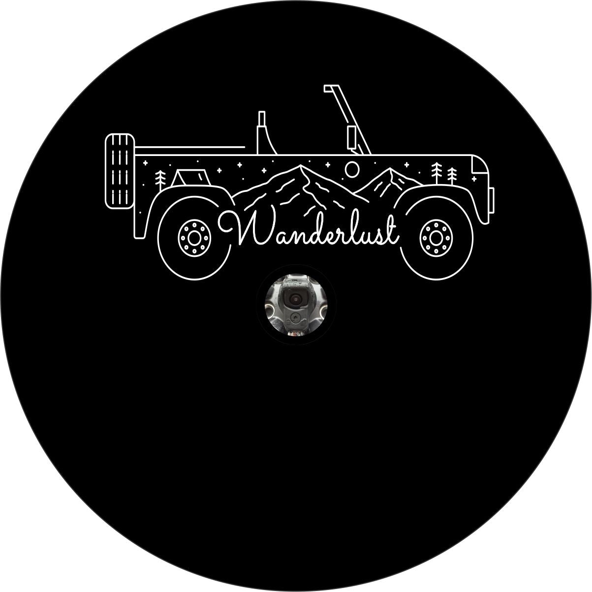 Wanderlust spare tire cover. Thin line simple and unique SUV with mountains and the word wanderlust spare tire cover for Jeep, Bronco, camper, RV, trailer, and more. Spare tire cover design for camera hole. 