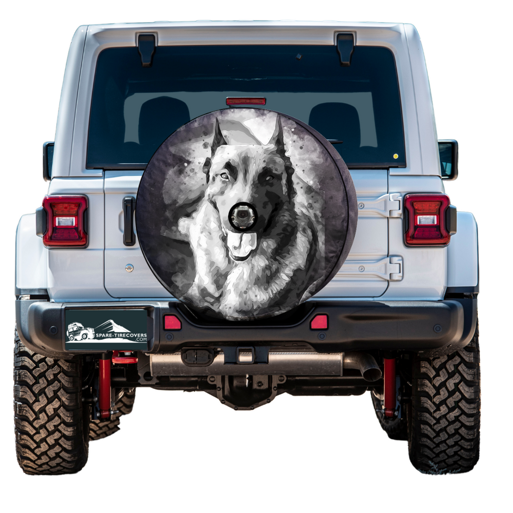 Custom spare tire cover of your dog in a black and white grayscale color for Jeep, Bronco, RV, Trailer, Camper, and more with a back up camera