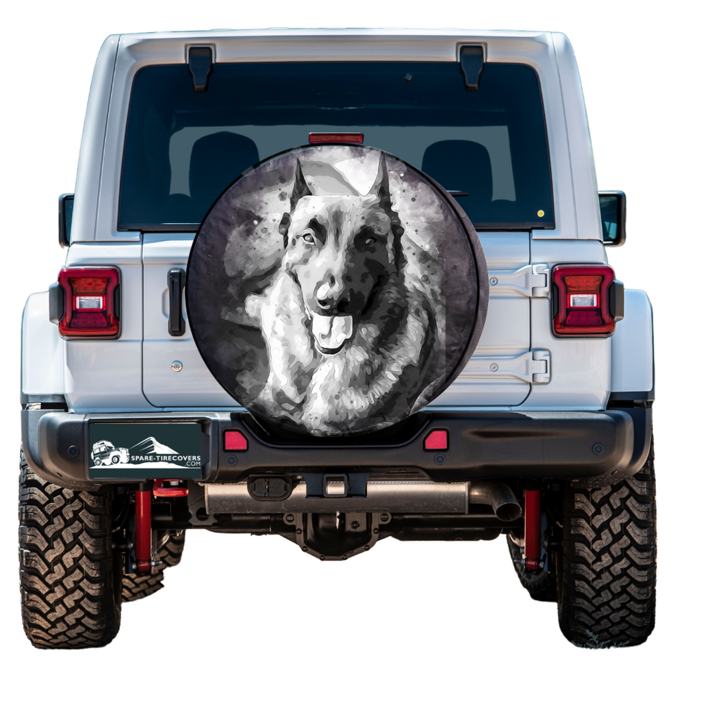Custom spare tire cover of your dog in a black and white grayscale color for Jeep, Bronco, RV, Trailer, Camper, and more