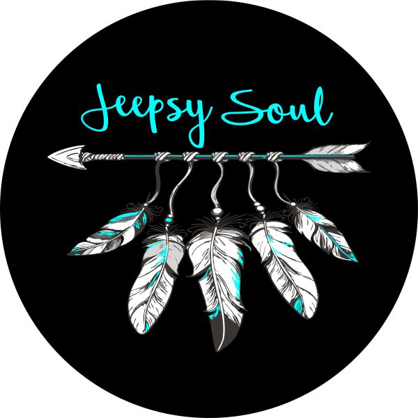 Jeepsy Soul with an Arrow and feather spare tire cover for Jeep design in turquoise