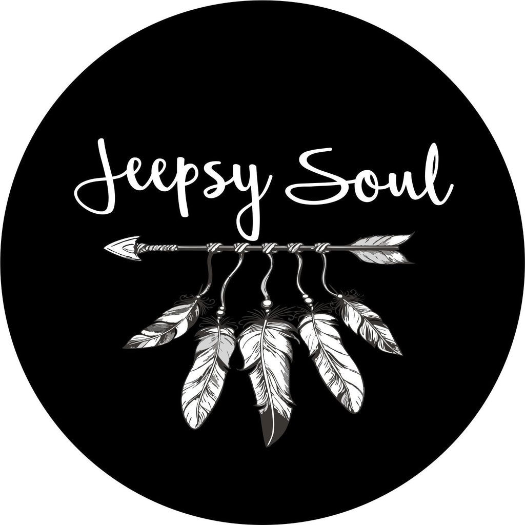 Jeepsy Soul with an Arrow and feather spare tire cover for Jeep design in gray, black and white