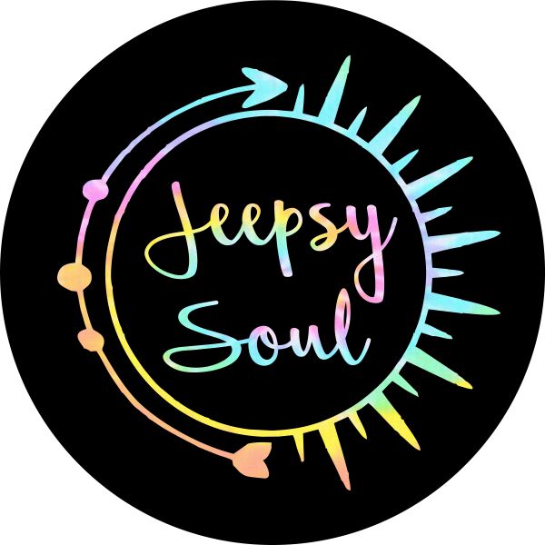 Jeepsy soul written inside a pastel tie dye sun and arrow spare tire cover design for Jeep
