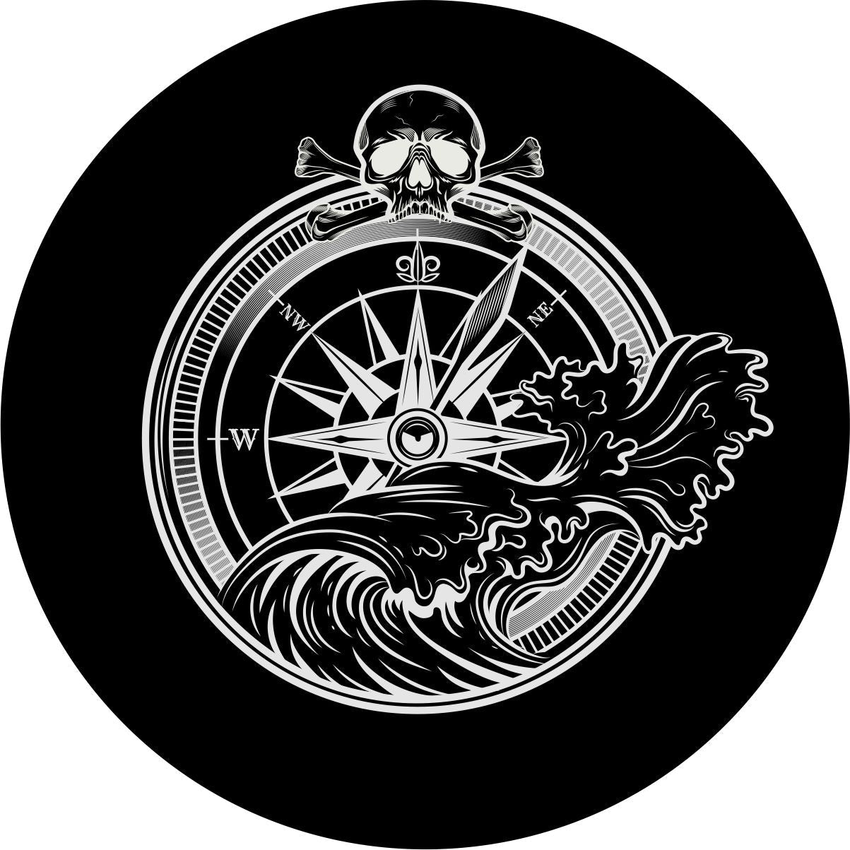Spare tire cover design for Jeep Wrangler, Ford Bronco, RV, camper, and any other vehicle of a pirate skull and cross bones on top of a compass with a crashing wave.