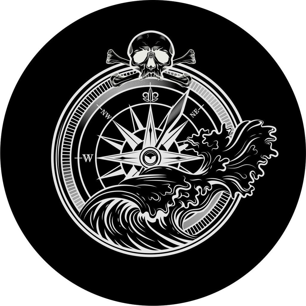 Spare tire cover design for Jeep Wrangler, Ford Bronco, RV, camper, and any other vehicle of a pirate skull and cross bones on top of a compass with a crashing wave.