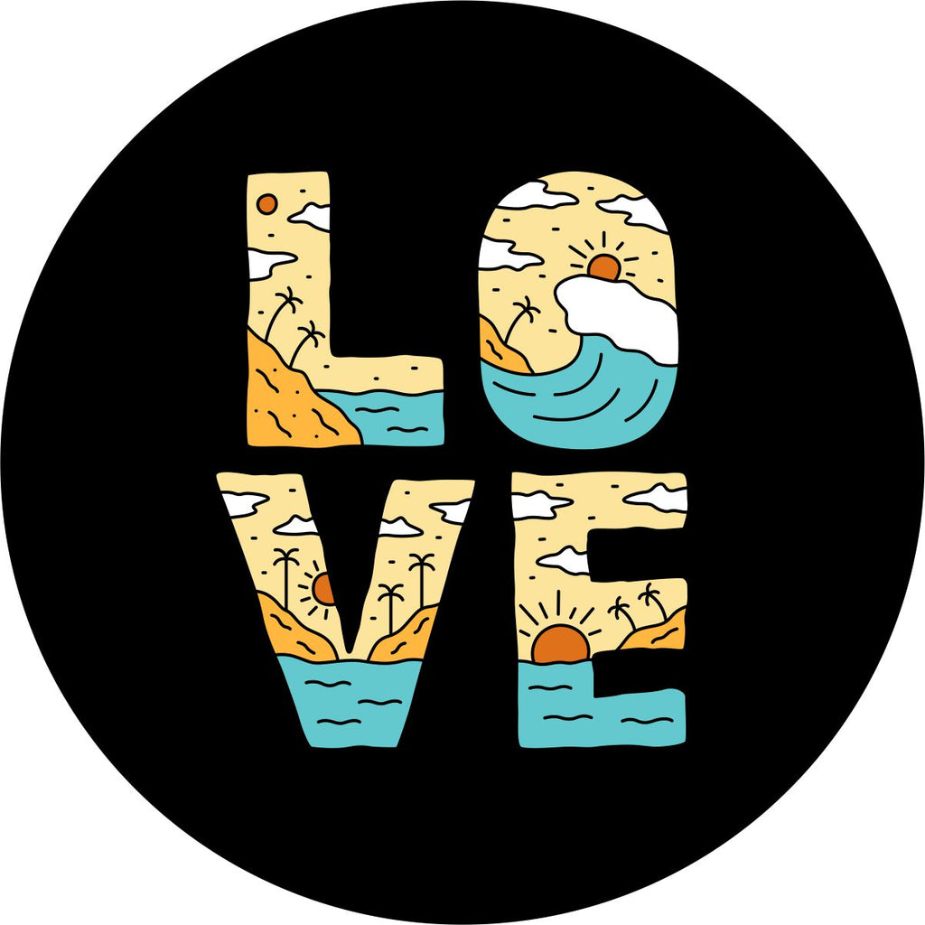 A creative spare tire cover design that says love stacked and a beach scene embedded into the lettering.