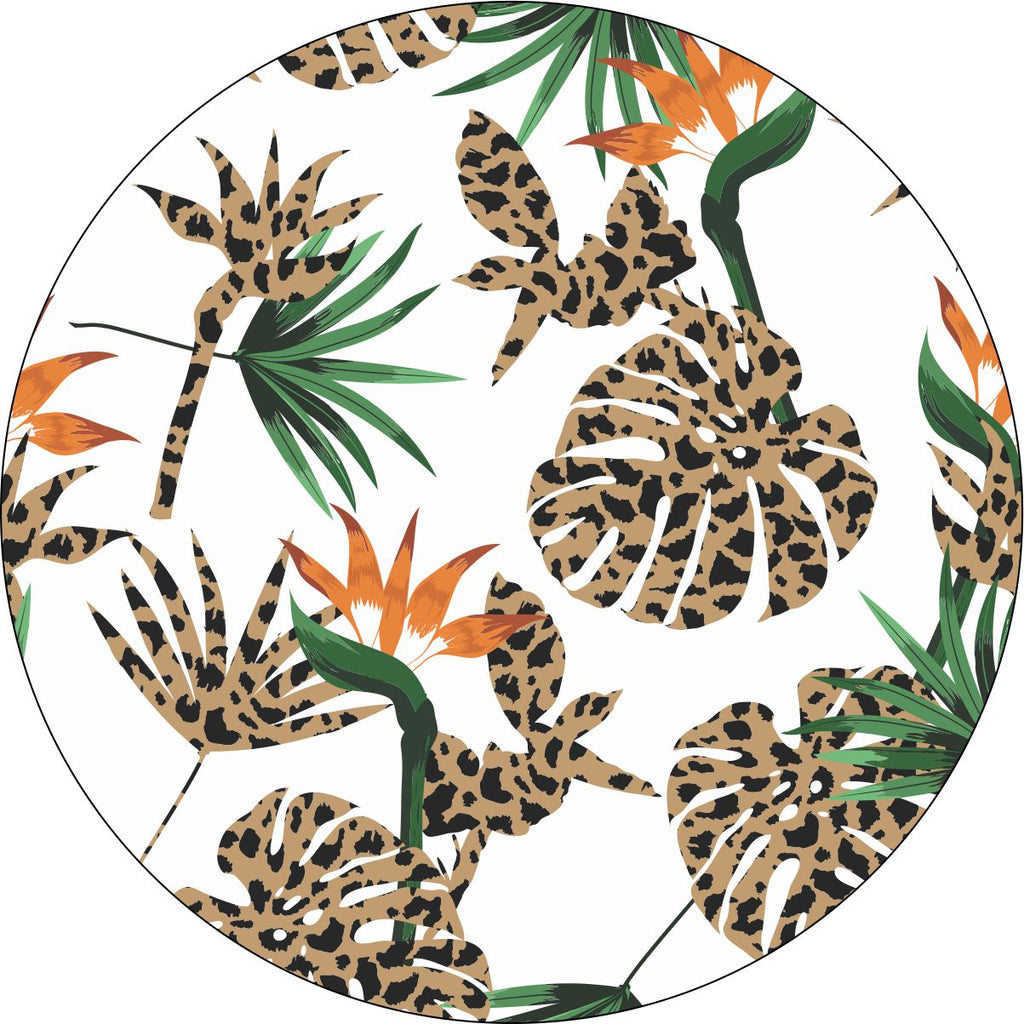 Prototype of a spare tire cover with bird of paradise flowers in the green and orange color plus leopard or cheetah print patterns