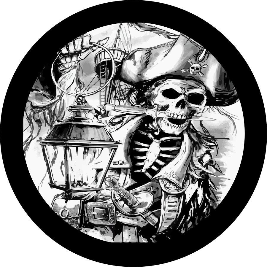 black and white and gray Pirates Life for Me Spare Tire Cover of a skeleton pirate carrying a lantern with a knife in its mouth.