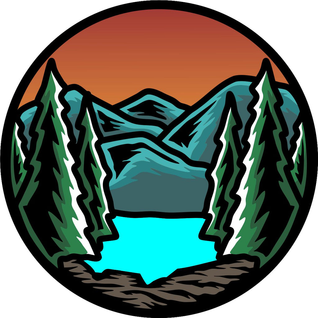 Edge to edge landscape graphic design of the mountains, lake, and trees spare tire cover design. Design for black vinyl spare tire cover.