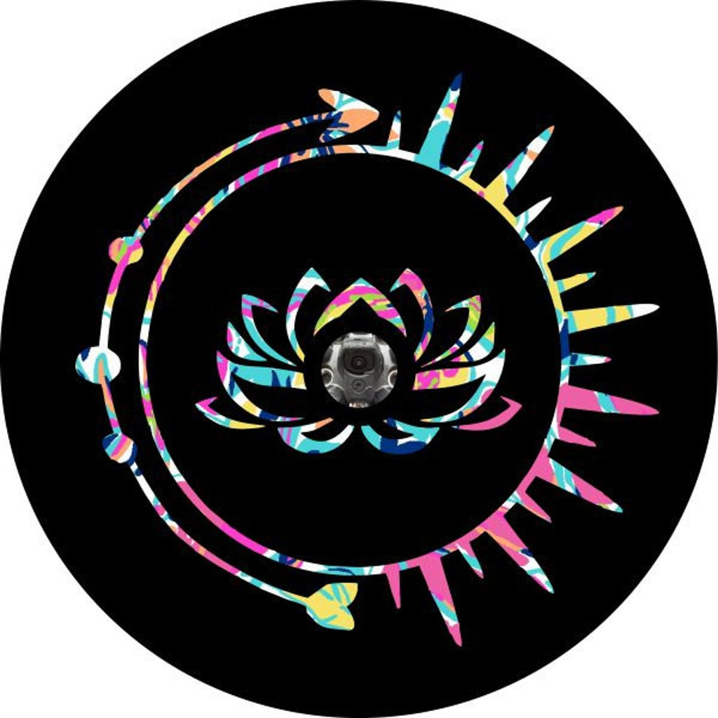 Tie-Dye Lotus Flower Inside the Sun With an arrow detail spare tire cover design with JL backup camera in black vinyl