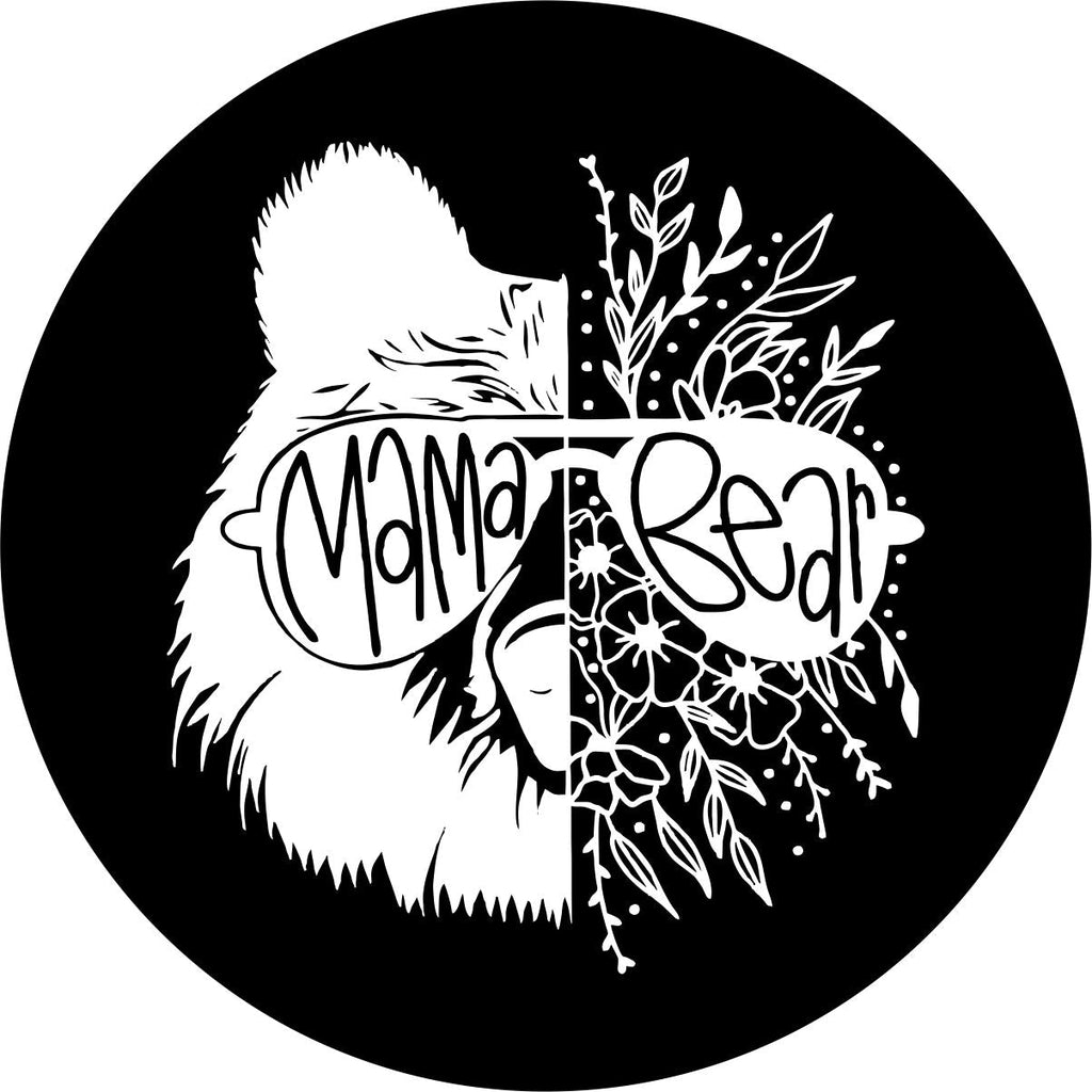 Mama bear sunglasses with half bear and half floral unique spare tire cover design on black vinyl for Jeep, RV, Campers, trailer, Broncos, and any other spare tire size.