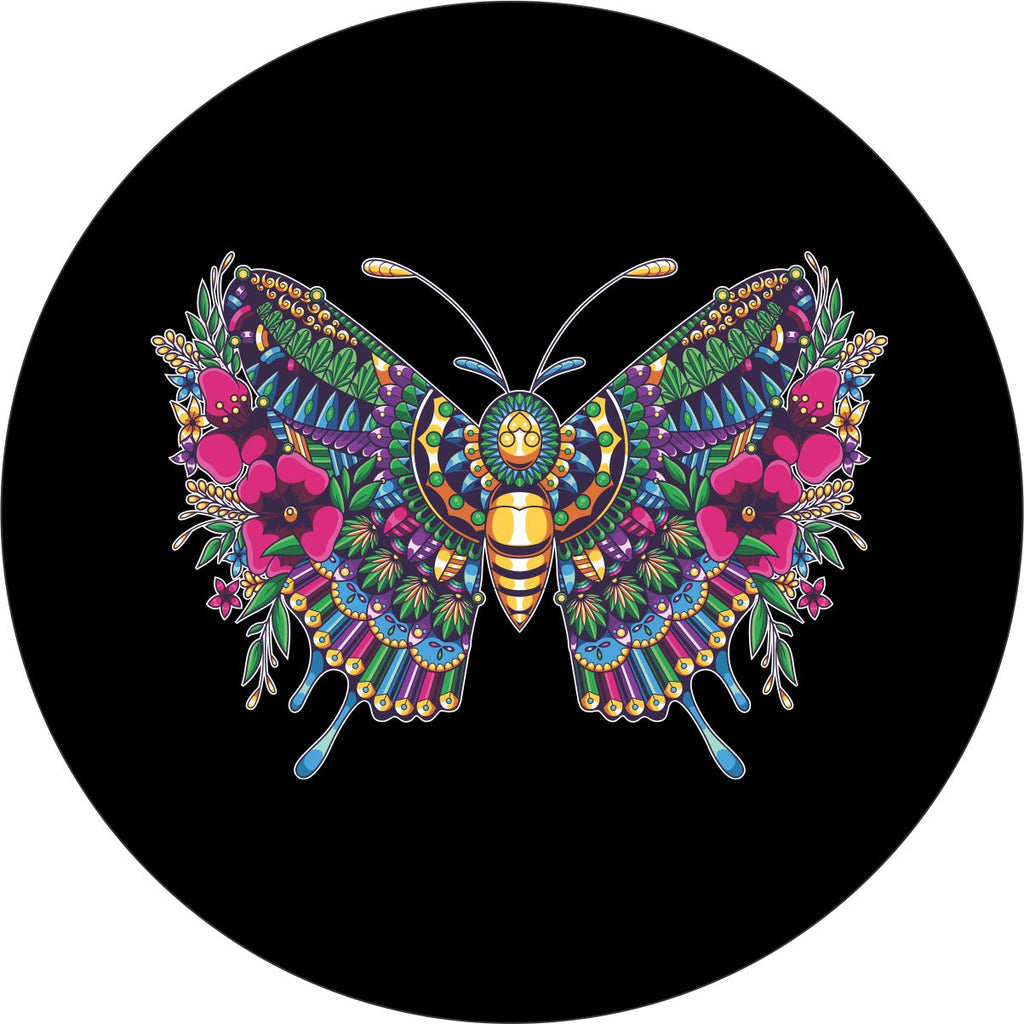 Butterfly mandala spare tire cover design with an array of colors and shapes creating a multicolor beautiful butterfly design like a mandala.