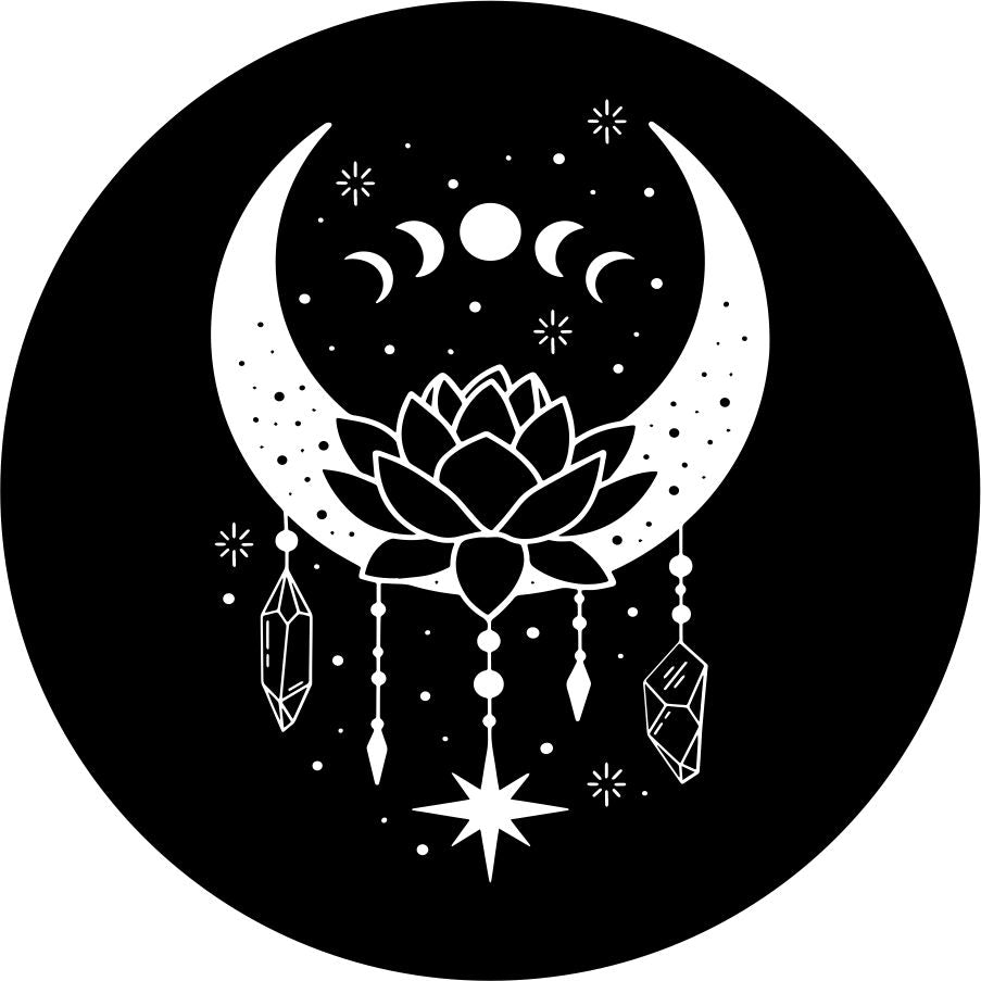 Spare tire cover design that is a depiction of all of the moon phases, a lotus flower, and a large crescent moon among the stars with healing crystals hanging from the large moon.