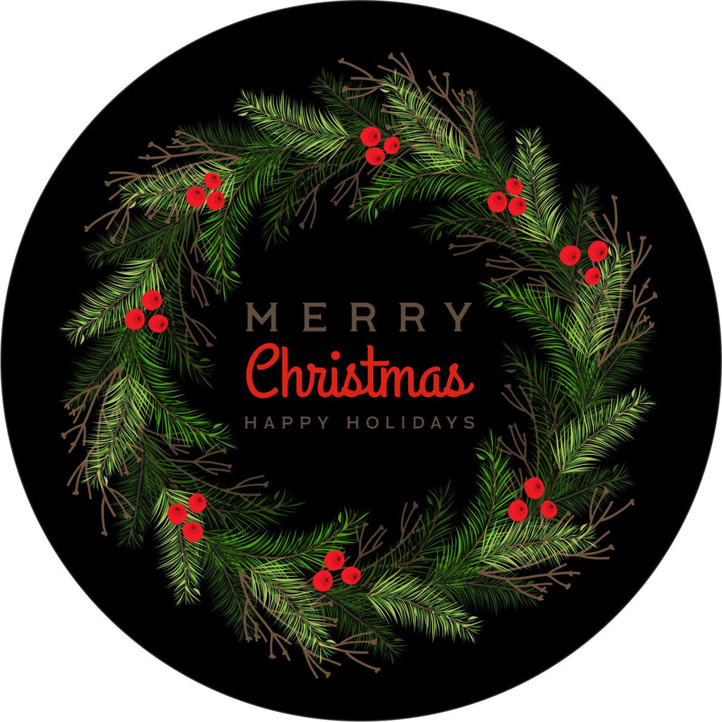 Merry Christmas holiday wreath cute spare tire cover design on black vinyl.