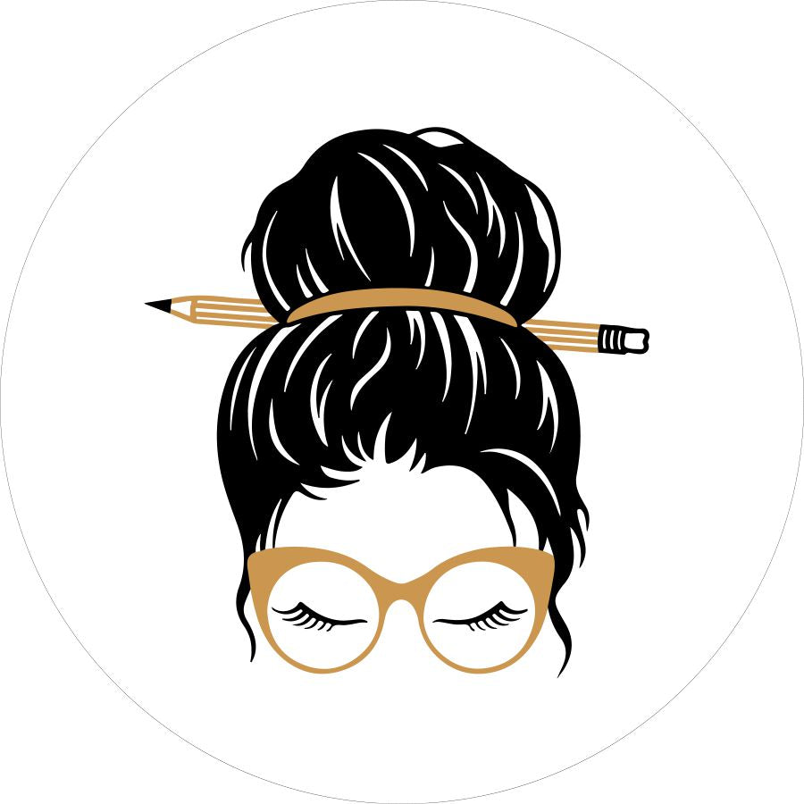 Messy Bun Teacher with Pencil and Glasses