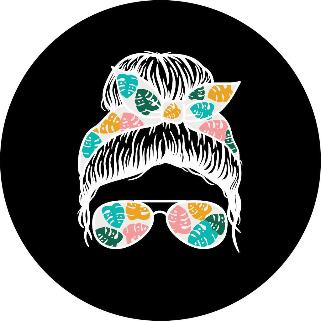 Tropical Girl with topknot bun and sunglasses spare tire cover for Jeep, Bronco, RV, camper, and more