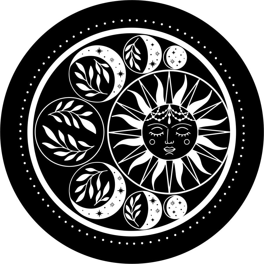 Detailed Moon Phase Around the Sun on a spare tire cover design 