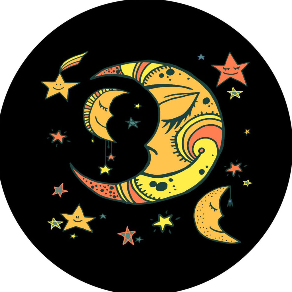 Cartoon designed graphics of sleeping moons and smiling stars prototype for a Jeep spare tire cover.