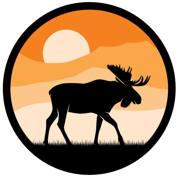 Spare tire cover design of a simple black silhouette of a moose walking with the background sunset in an orange Ombre design that can be custom made to fit the spare tire cover for a Jeep, Bronco, RV, travel trailer, camper, and more