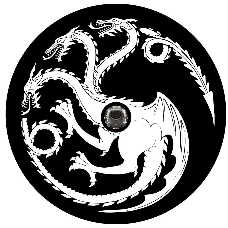 Black vinyl spare tire cover with back up camera of a white house targaryen sigil of the three dragon heads from Game of Thrones and House of the Dragon. Mother of Dragons. 