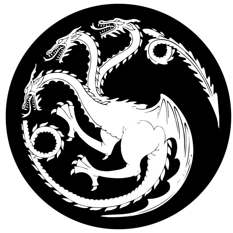 Black vinyl spare tire cover with a white house targaryen sigil of the three dragon heads from Game of Thrones and House of the Dragon. Mother of Dragons. 